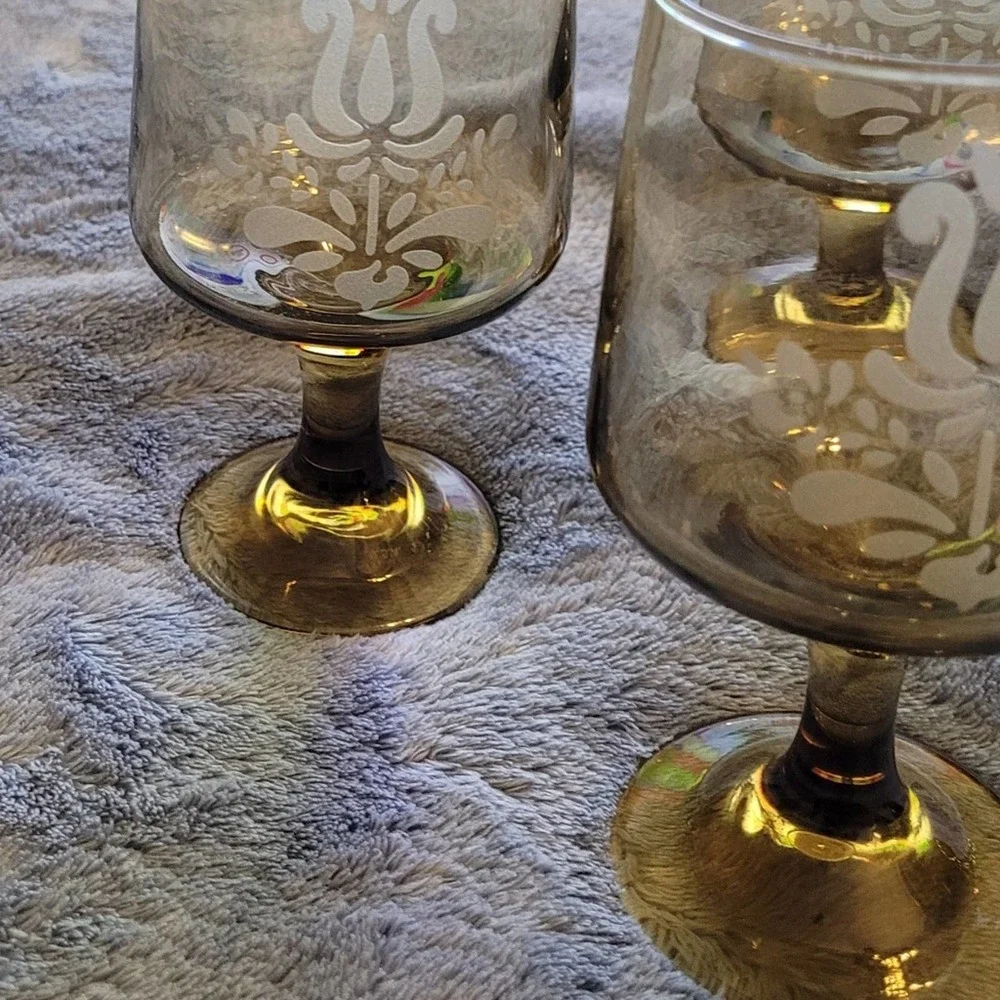 Set of 6 Vtg.‎ Pfaltzgraff Village Etched Smoked Glass Wine Glass Stemware USA